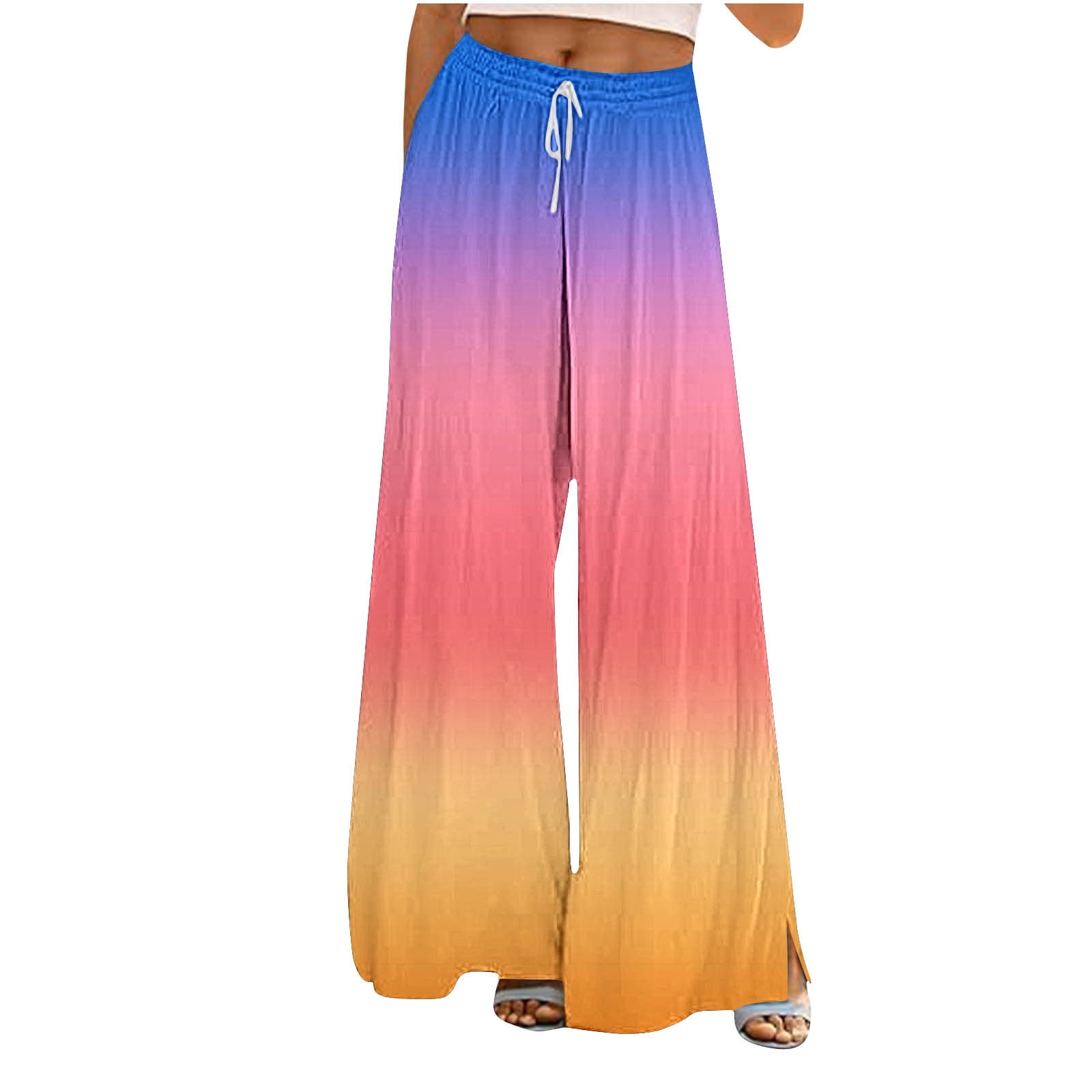 USNSM Wide Leg Pants for Women Rainbow Colored Drawstring
