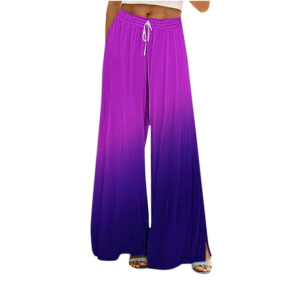 USNSM Wide Leg Pants for Women Rainbow Colored Drawstring Stretchy Casual Pants Fall Baggy Hiking Palazzo Trousers Purple M