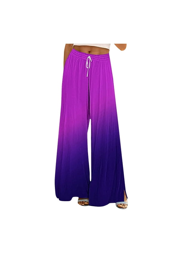 Wide Leg Pants for Women Rainbow Colored Drawstring Stretchy Casual Pants Fall Baggy Hiking Palazzo Trousers Purple XXL