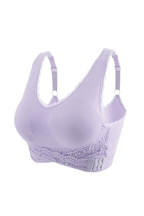Women Side Buckle Corset Bra Push Up Padded Bra Lace Trim Wireless Bralette Front Cross Underwear Purple XL