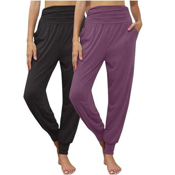 USNSM Women's 2 Pack Harem Jogger Pants Solid Color Relaxed High Waist Yoga Pants Lounge Baggy Workout Pants with Pockets Purple M