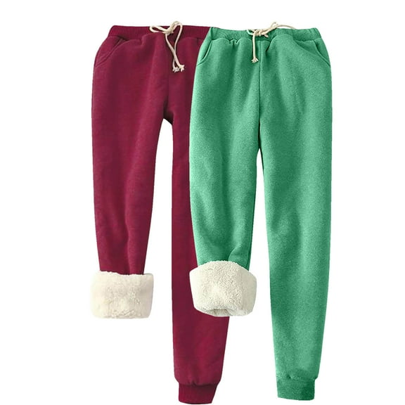 USNSM Women's 2 Piece Thermal Pants Winter Warm Fleece Lined Pants Warm Baggy Drawstring Straight Jogger Pants with Pockets Green XL