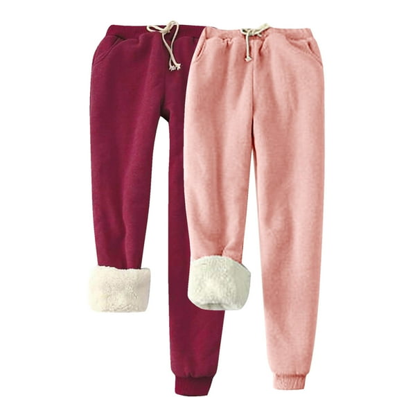 USNSM Women's 2 Piece Thermal Pants Winter Warm Fleece Lined Pants Warm Baggy Drawstring Straight Jogger Pants with Pockets Pink L
