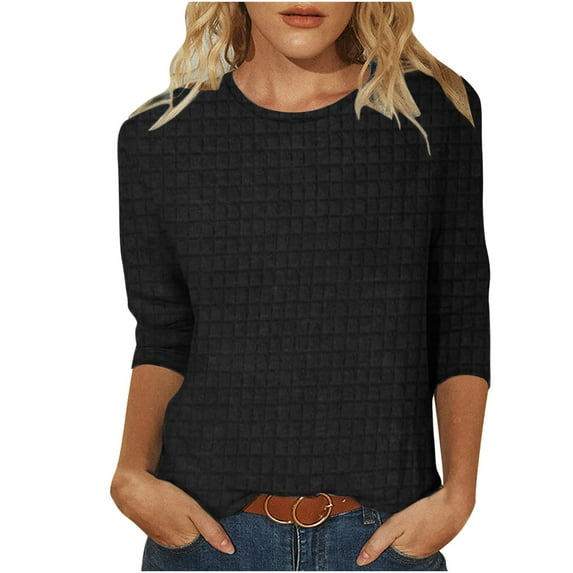 USNSM Women's 3/4 Sleeve T-Shirts Loose Fit Tunic Tops Waffle Plaid Tops Casual Pullover Boat Neck Trendy Spring Fall Tees Black XXXL