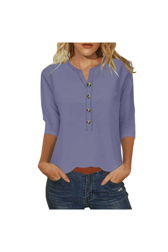 Women's 3/4 Sleeve Tees Casual Button Down Solid Loose Fit Tunic T-Shirts Henley Trendy Spring Fall Tops Navy S