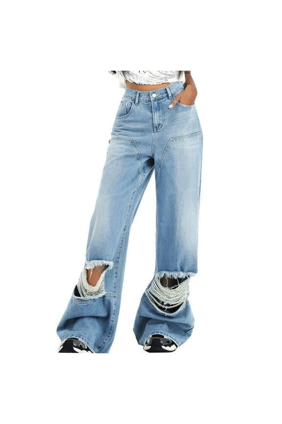 Women's Baggy Jeans Pants Y2K Straight Wide Leg Pants Hip hop Skateboard Denim Jeans Trousers with Pockets Light Blue#02 XS