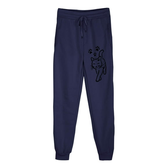 USNSM Women's Baggy Sweatpants High Waisted Lounge Loose Sweatpant Lovely Cat Print Drawstring Trousers with Pockets Navy L