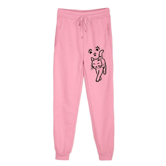 USNSM Women's Baggy Sweatpants High Waisted Lounge Loose Sweatpant Lovely Cat Print Drawstring Trousers with Pockets Pink XL