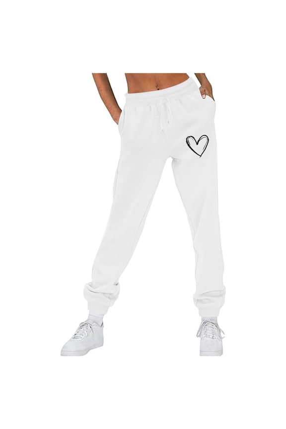 Women's Baggy Trousers Funny Heart Print Drawstring Sweatpants Elastic High Waisted Joggers Pants with Pockets S White