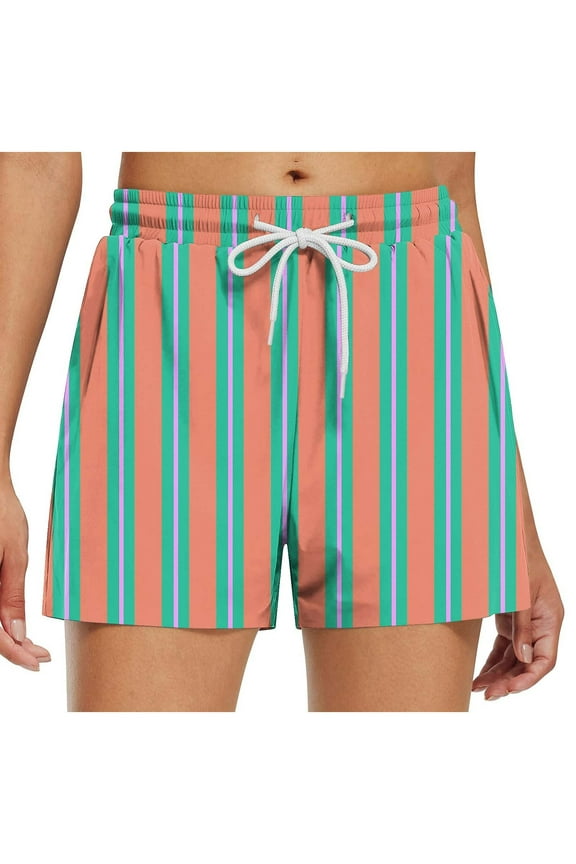 Women's Boxer Shorts Elastic High Rise Pajama Vertical Striped Print Casual Lounge Shorts with Pockets Sleepwear Orange S