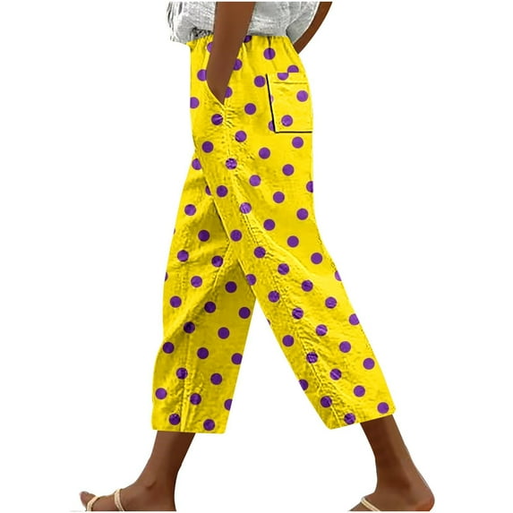USNSM Women's Capri Pajama Pants High Waist Stretchy Bottoms Loose Fit Polka Dot Print Sleep Lounge Pants with Pocket Yellow XXXXL