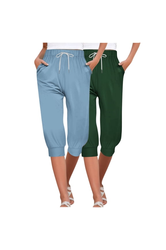 Women's Casual Capri Pants 2 Piece Solid Color Loose Crop Pants High Waisted Comfy Capri Pants with Pockets Multicolor#08 L