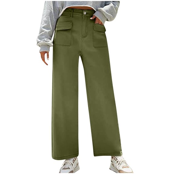 USNSM Women's Casual Cargo Pants High Waisted Baggy Wide Leg Pants Comfy Business Work Office Dress Pants with Pockets Army Green S