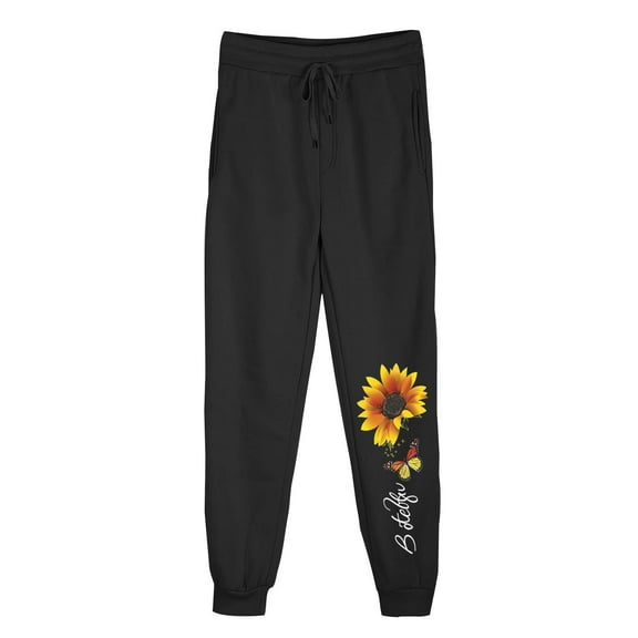 USNSM Women's Casual Pants Drawstring Elastic Waist Sunflower Printed Trousers Breathable Soft Sweatpants with Pockets Black XL