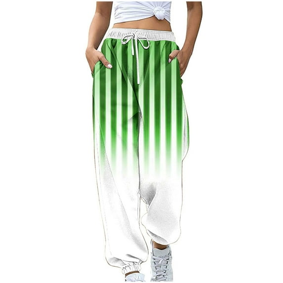 USNSM Women's Casual Straight Pants Elastic Waist Trousers Comfy Summer Business Casual Gradient Stripe Print Pants with Pockets Green XL