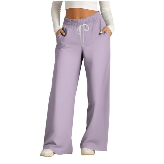 USNSM Women's Casual Sweatpants Baggy Pants High Waist Drawstring Jogger Pants Solid Color Straight Wide Leg Yoga Pants Purple S