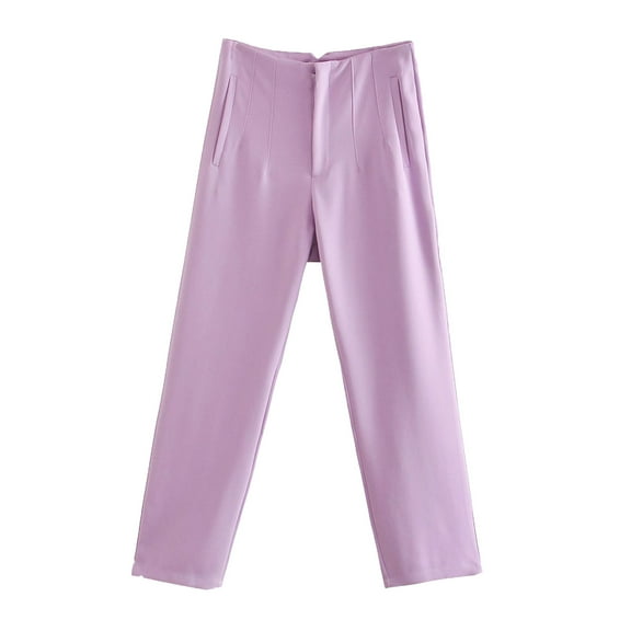 USNSM Women's Casual Trousers Solid Color High Waisted Pants Elegant Work Office Business Straight Trousers with Pockets Purple S