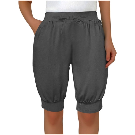 USNSM Women's Cotton Bloomer Shorts Solid Color Comfortable Drawstring Stretch Shorts High Waist Loose Casual Shorts with Pockets Dark Gray M