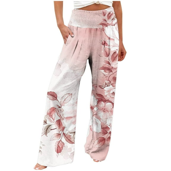 USNSM Women's Cotton Linen Palazzo Pants 2024 Loose Fit Summer Floral Printed High Waist Stretchy Wide-Leg Trousers with Pockets Green S