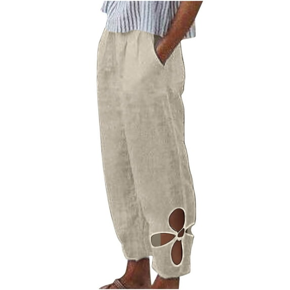 USNSM Women's Cotton Linen Pants Elastic High Waist Flower Hollow Comfy Loose Summer Beach Wide Leg Pants with Pockets Yellow XXXL