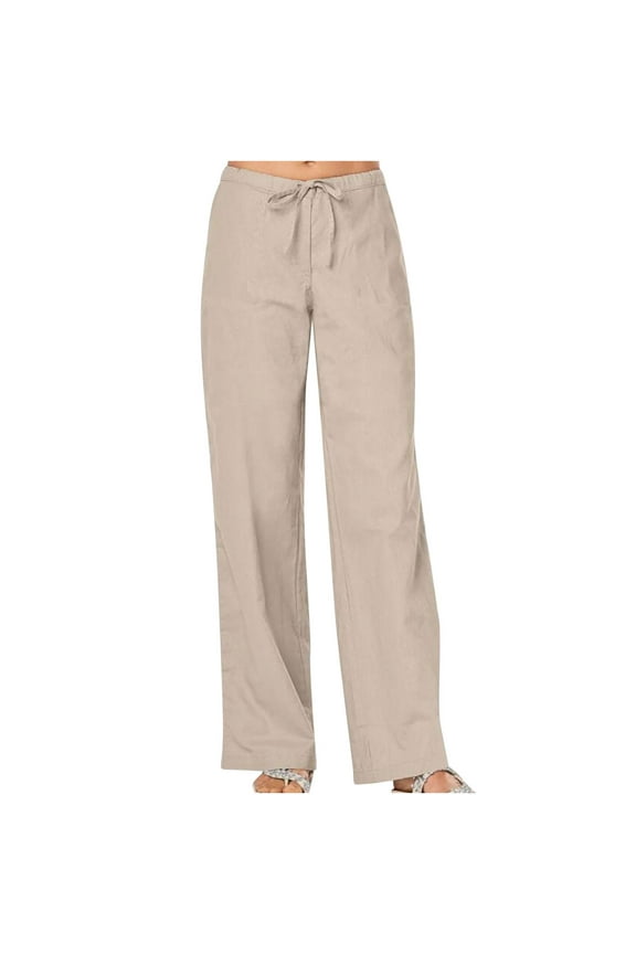 Women's Cotton Linen Pants Summer Casual Loose Fashion Drawstring Lounge Straight Palazzo Pants with Pockets Khaki L