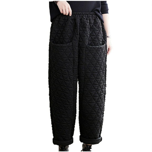 USNSM Women's Cotton Pants Elastic Waist Straight Quilted Pants Fall Winter Loose Fit Thick Trousers Pants with Large Pockets Black L