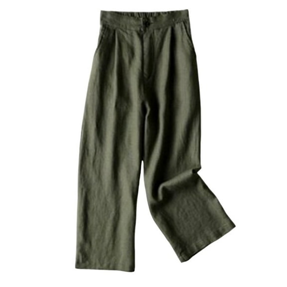 USNSM Women's Cotton Pants Linen Casual Loose Elastic Waist Straight Pants Comfy Baggy Wide Leg Pants with Pockets Army Green XXL
