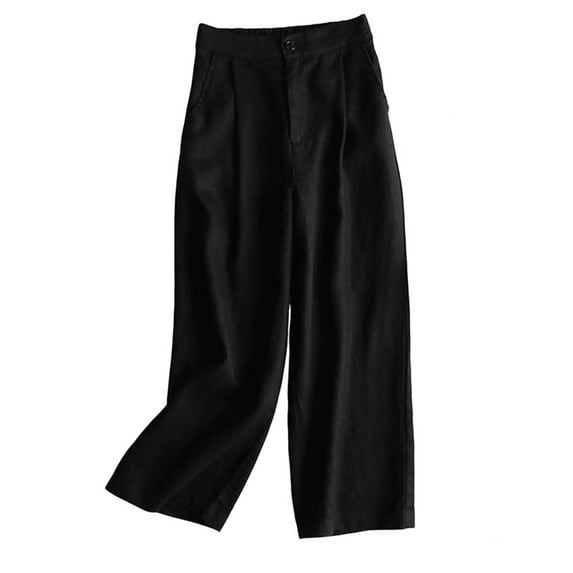 USNSM Women's Cotton Pants Linen Casual Loose Elastic Waist Straight Pants Comfy Baggy Wide Leg Pants with Pockets Black XXXL