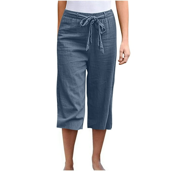 USNSM Women's Cotton Pants Linen Elastic Waist Drawstring Loose Capri Pants Casual Wide Leg Flowy Capris Palazzo Pants Blue L