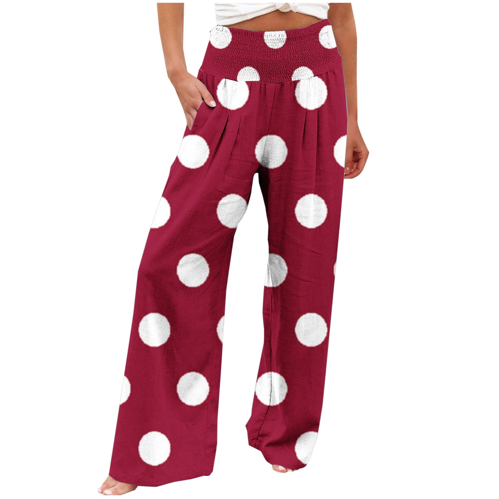 USNSM Women's Cotton Pants Linen Polka Dot Print Smocked Wide Leg