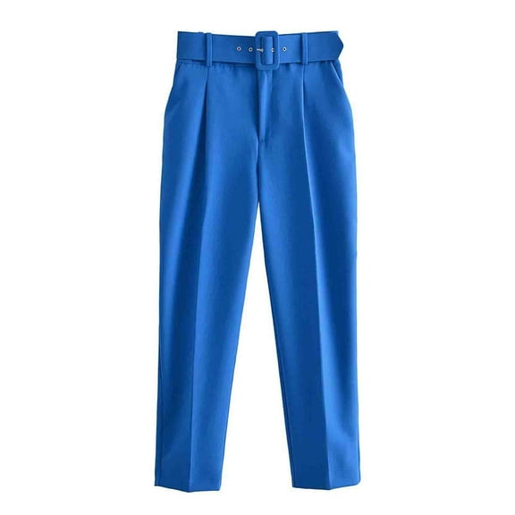 USNSM Women's Cotton Slim Trousers Summer Solid Color Breathable Soft Straight Trousers Fashion High Waist Belt Business Pants Blue XS