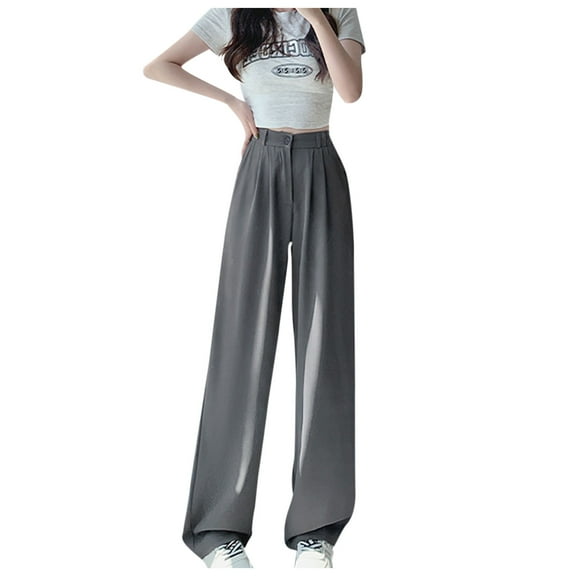 USNSM Women's Dress Pants Elastic High Waisted Loose Fit Business Pants Casual Work Wide Leg Trousers with Pockets Dark Gray L