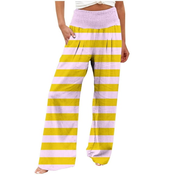 USNSM Women's Elastic Palazzo Pants High Waisted Casual Fashion Striped Print Pants Wide Leg Baggy Lounge Trousers Pink XL