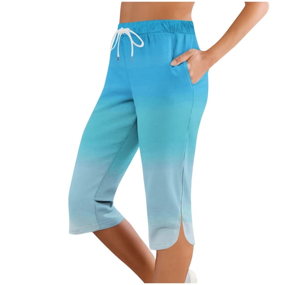 USNSM Women's Fashion Printed Sports Casual Drawstring Elastic Waist Lightweight Breathable Capri Pants With Pockets Blue XXL