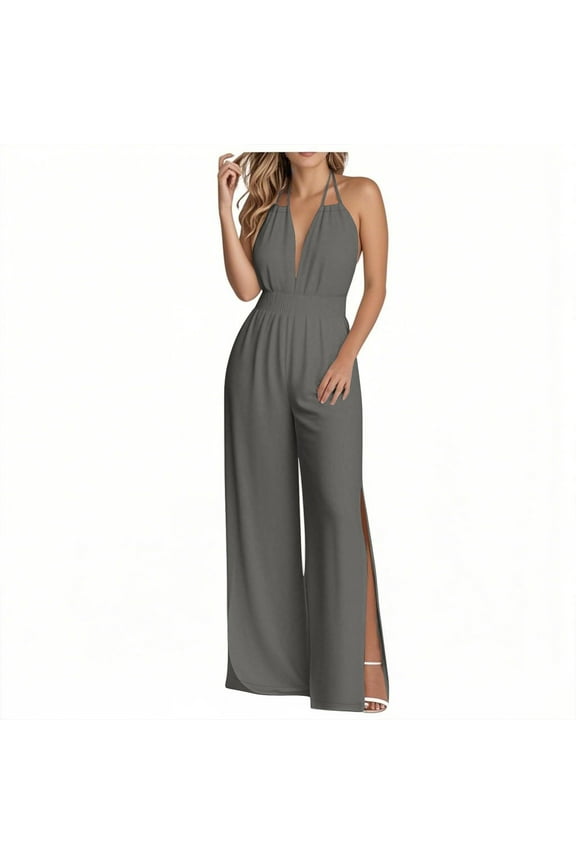 Women's Fashion Solid Color Loose Split Elastic Waist Backless Jumpsuit Sleeveless Shoulder Straps Wide Leg Back Pants Gray XXL