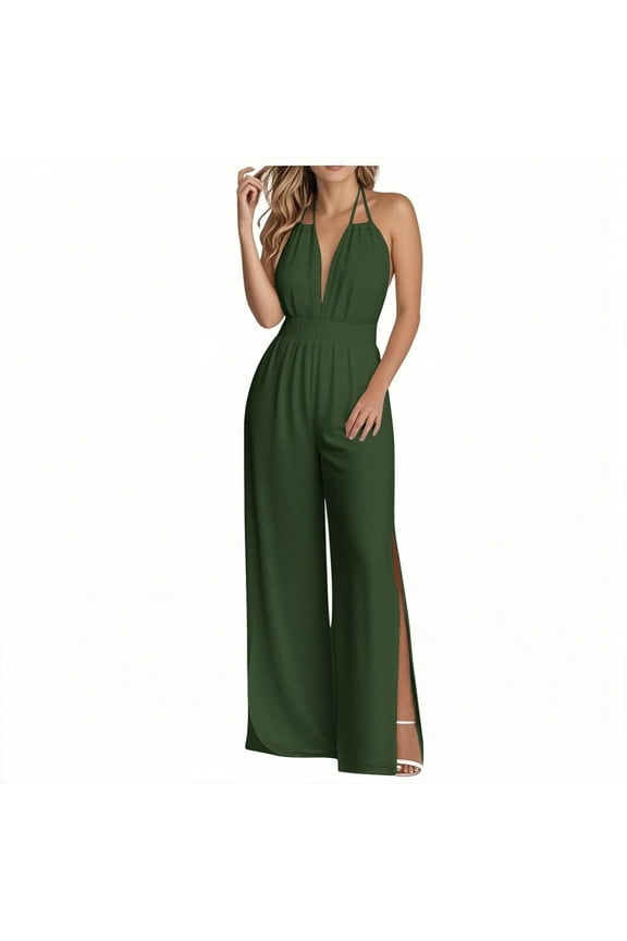 Women's Fashion Solid Color Loose Split Elastic Waist Backless Jumpsuit Sleeveless Shoulder Straps Wide Leg Back Pants Green L