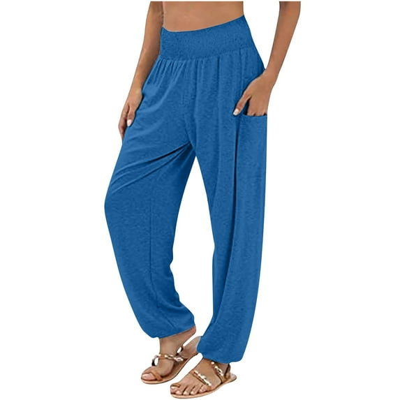 USNSM Women's Harem Pants Solid Color Baggy Workout Hiking Pants High Waist Jogging Yoga Boho Trousers with Pockets Blue M