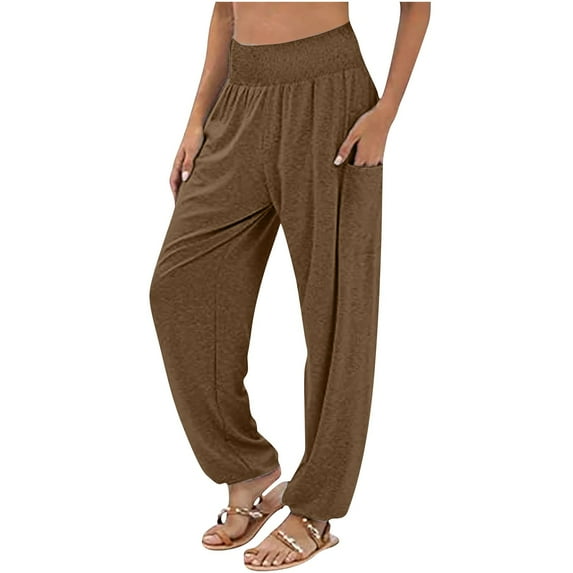 USNSM Women's Harem Pants Solid Color Baggy Workout Hiking Pants High Waist Jogging Yoga Boho Trousers with Pockets Brown S