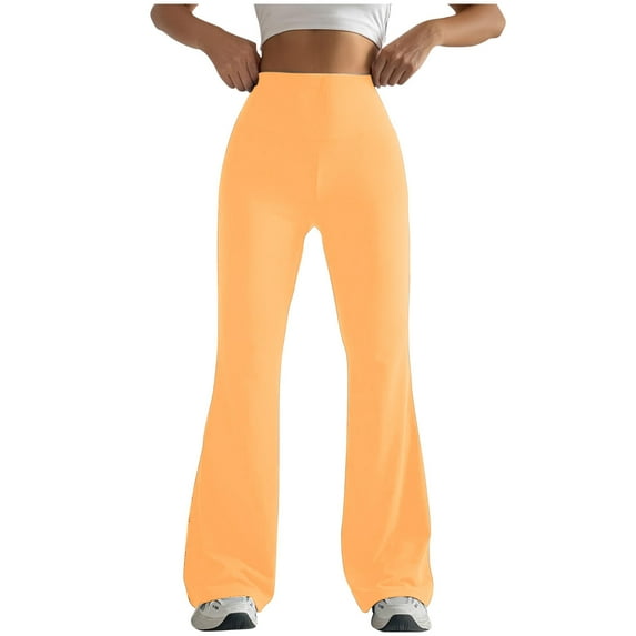 USNSM Women's High Waist Bootcut Trousers Solid Color Baggy Jogging Yoga Pants Tummy Control Workout Flare Leggings Orange M