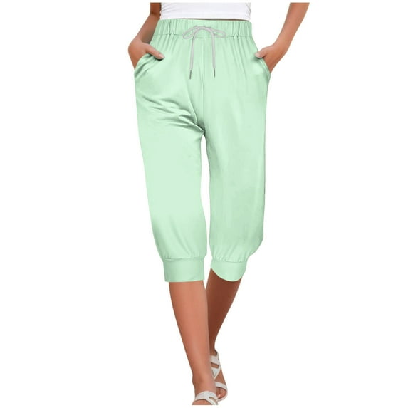 USNSM Women's High Waist Cotton Capri Pants Solid Color Loose Soft Tapered Pants Comfortable Drawstring Jogging Pants with Pockets Mint Green M