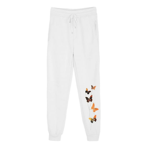 USNSM Women's High Waist Sweatpants Active Jogger Yoga Lounge Pants Comfy Butterfly Print Drawstring Workout Jogging Pants S White