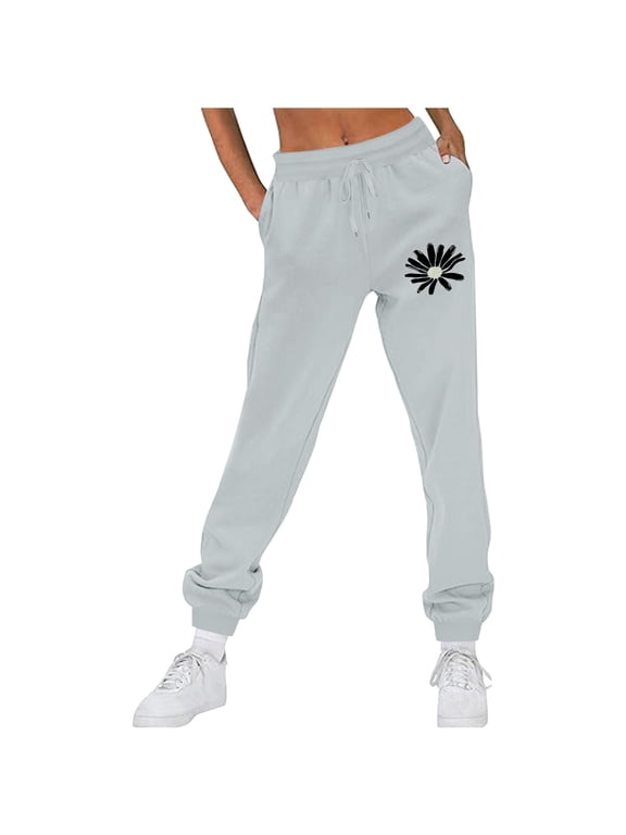 Women's High Waisted Sweatpants Little Daisy Print Cinch Bottom Pants Fall Baggy Straight Trousers with Pockets Gray L