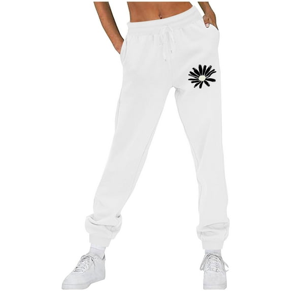 USNSM Women's High Waisted Sweatpants Little Daisy Print Cinch Bottom Pants Fall Baggy Straight Trousers with Pockets S White