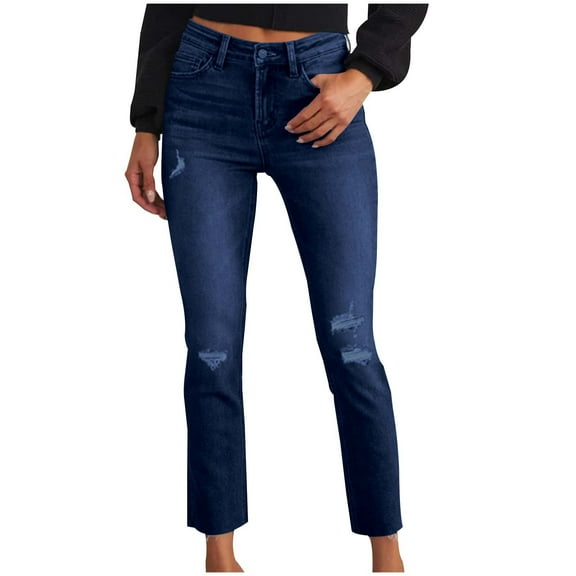 USNSM Women's Jeans Stretchy Trendy Solid Color High Waist Pants Ripped Button Skinny Slimming Denim Pants with Pockets Dark Blue S