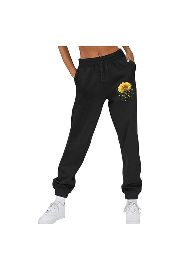 Women's Jogger Sweatpants Baggy Drawstring Plus Size Lounge Pants Cute Sunflower Print Joggers Pants with Pockets Black S