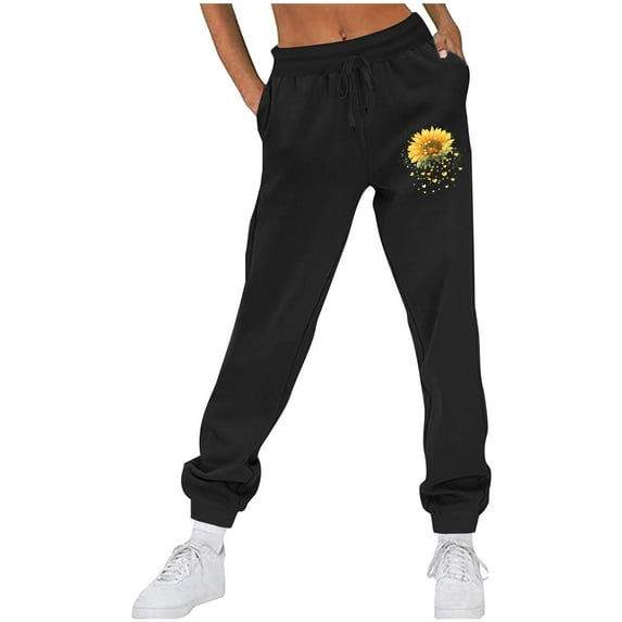 USNSM Women's Jogger Sweatpants Baggy Drawstring Plus Size Lounge Pants Cute Sunflower Print Joggers Pants with Pockets Black XL