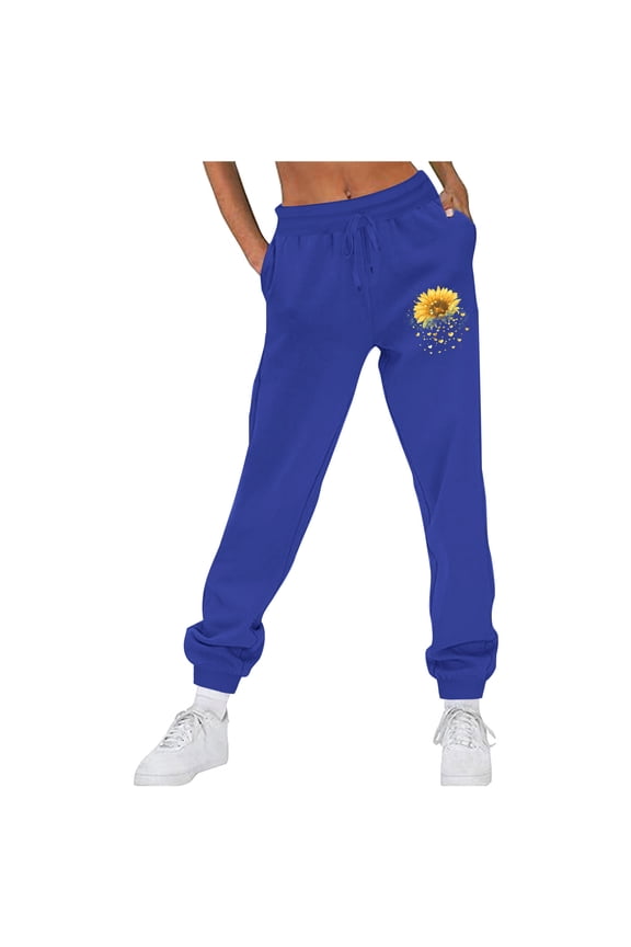 Women's Jogger Sweatpants Baggy Drawstring Plus Size Lounge Pants Cute Sunflower Print Joggers Pants with Pockets Blue S