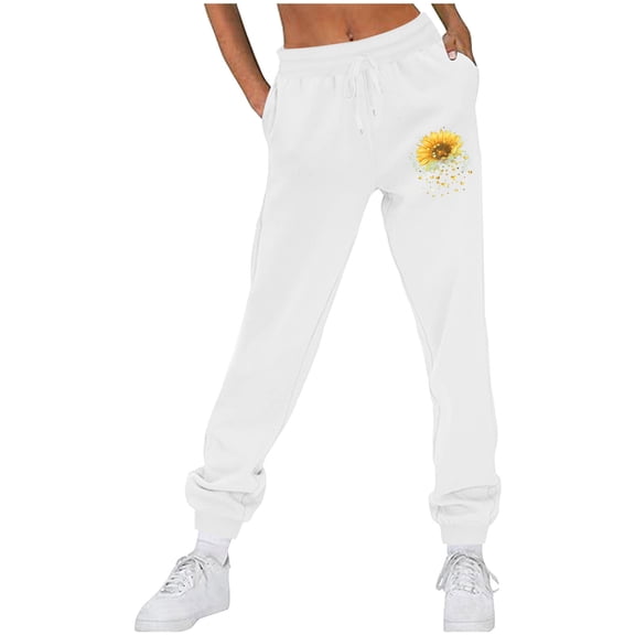 USNSM Women's Jogger Sweatpants Baggy Drawstring Plus Size Lounge Pants Cute Sunflower Print Joggers Pants with Pockets White XXL