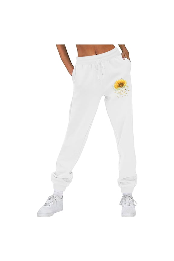 Women's Jogger Sweatpants Baggy Drawstring Plus Size Lounge Pants Cute Sunflower Print Joggers Pants with Pockets White XXL