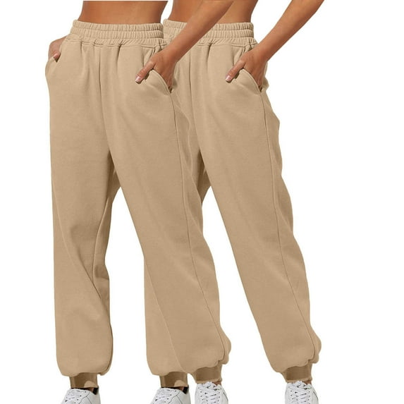 USNSM Women's Joggers Pants 2 Pack High Waisted Casual Baggy Pants Lounge Cinched Bottoms Workout Pants with Pockets Khaki L